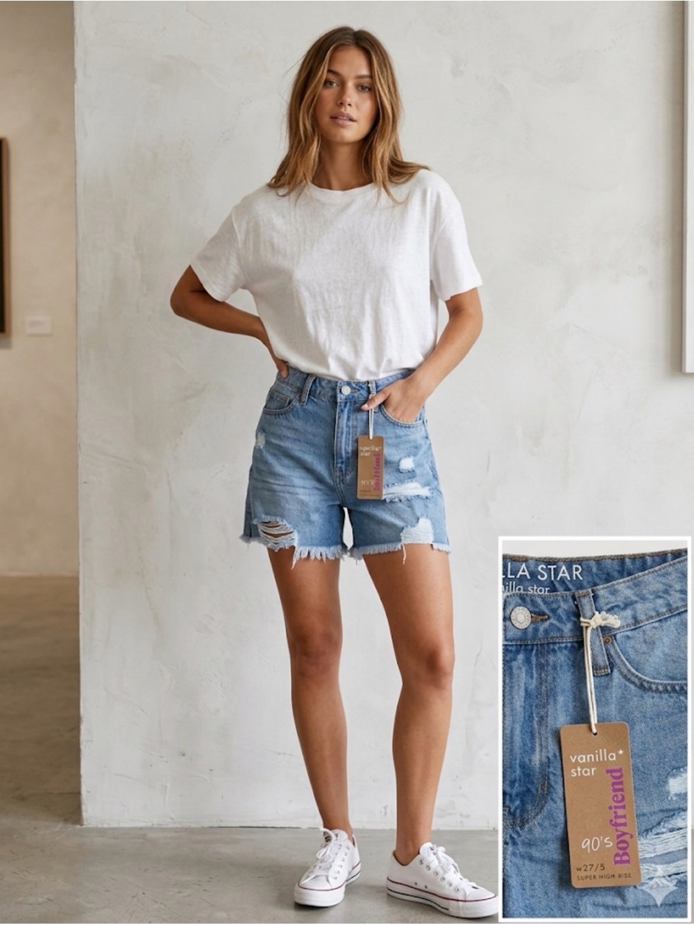 Vanilla Star Distressed High-Rise Denim Shorts - 27/5